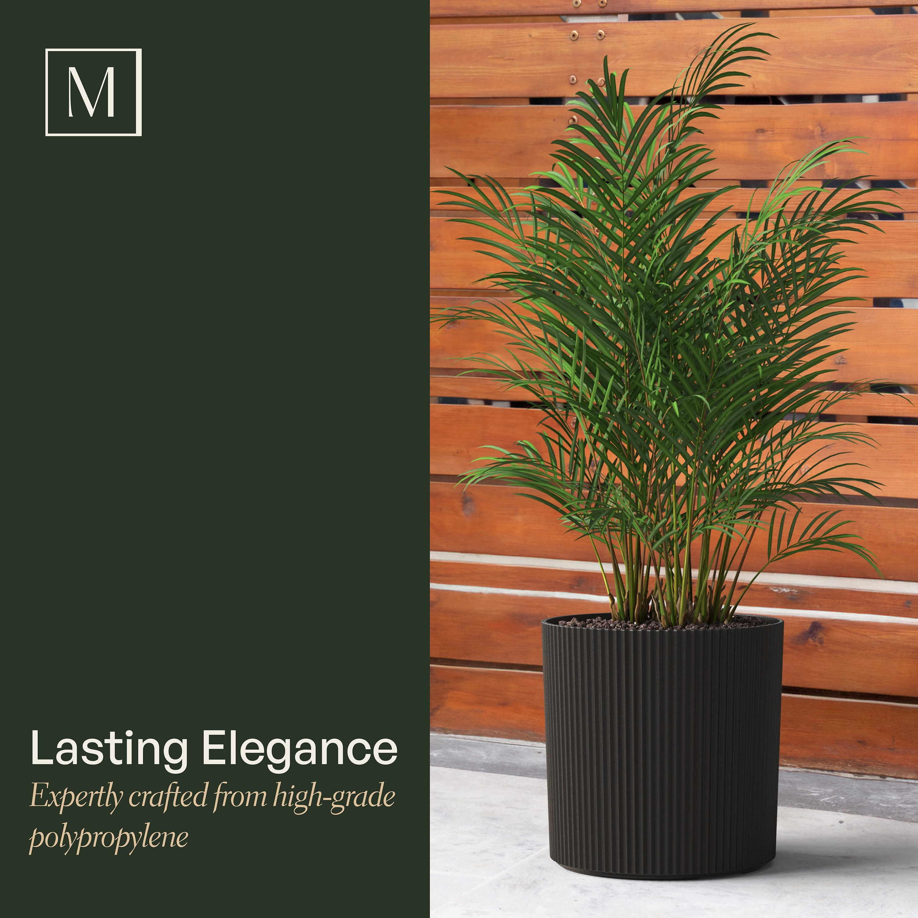 Mayne Serene Round Ribbed Planter with Drainage Hole Black 12in/14in