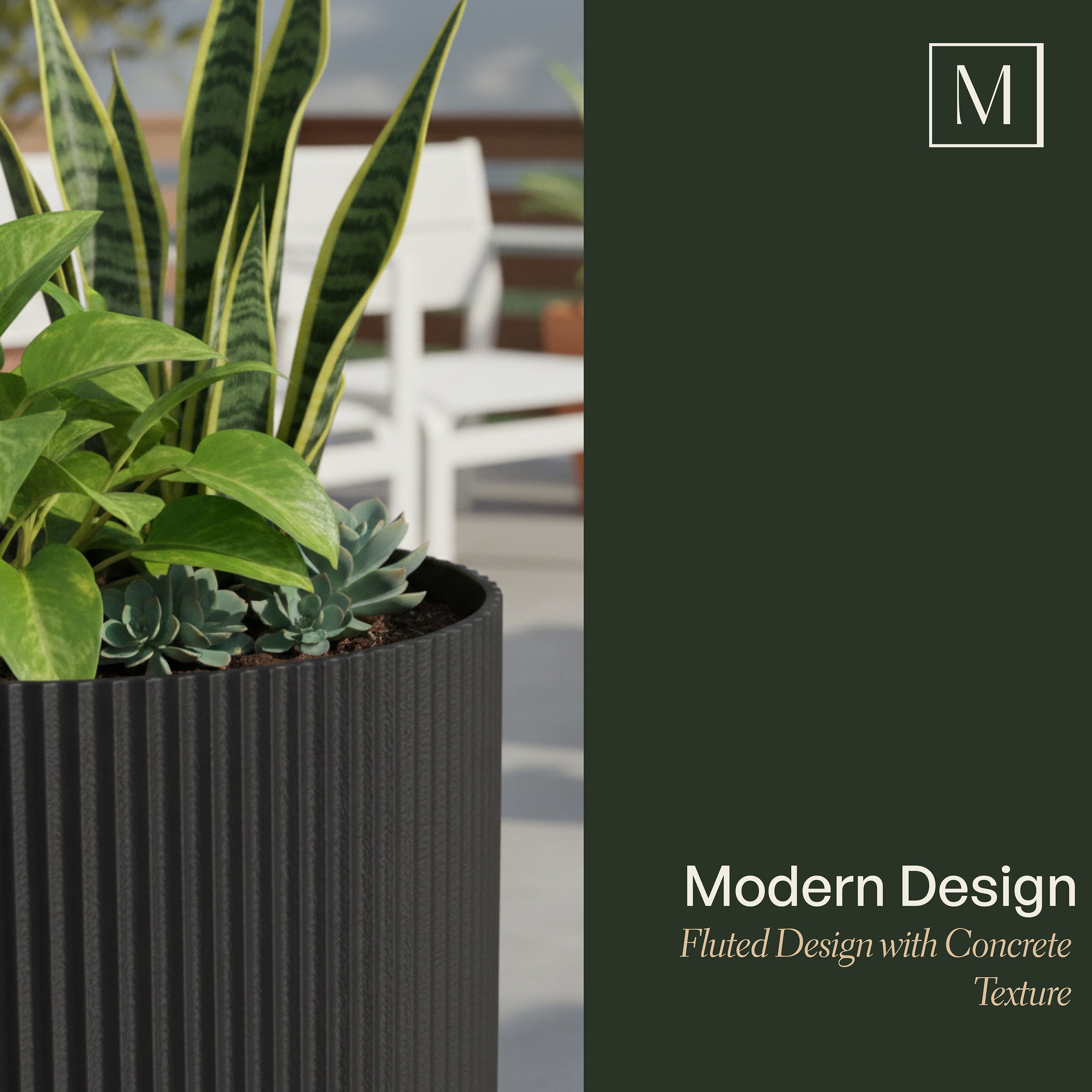 Mayne Serene Round Ribbed Planter with Drainage Hole Black 12in/14in