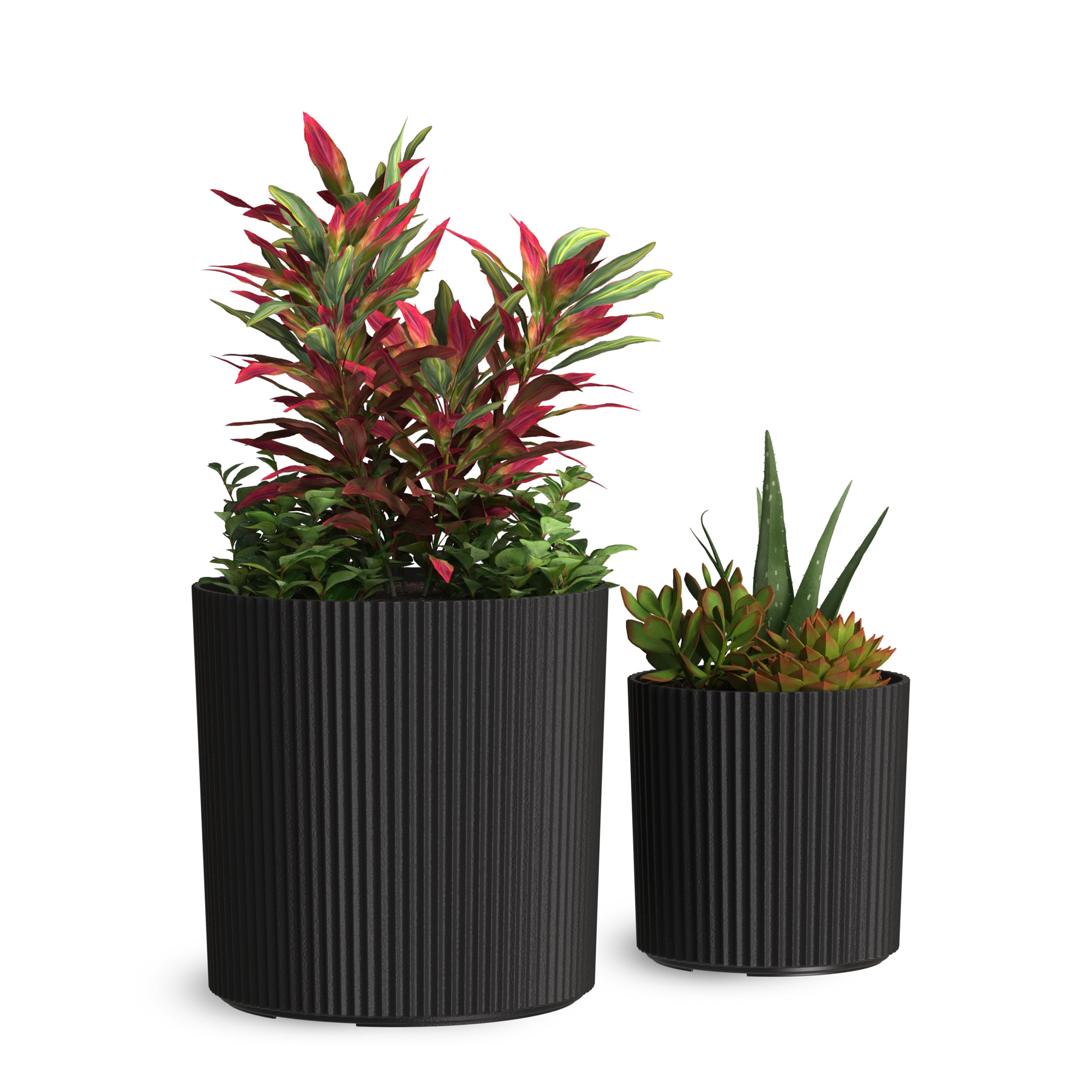 Mayne Serene Round Ribbed Planter with Drainage Hole Black 12in/14in