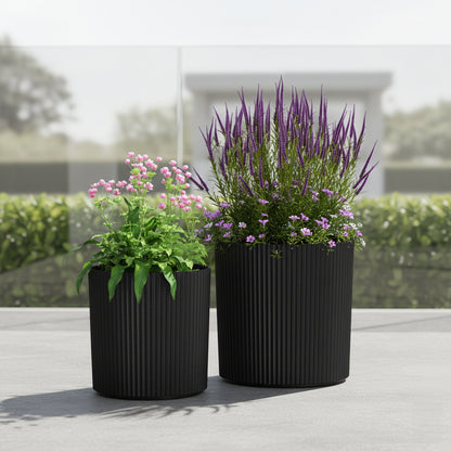 Mayne Serene Round Ribbed Planter with Drainage Hole Black 12in/14in