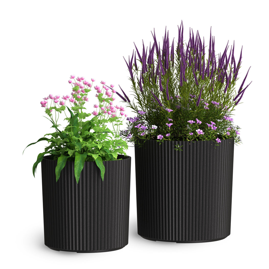 Mayne Serene Round Ribbed Planter with Drainage Hole Black 12in/14in