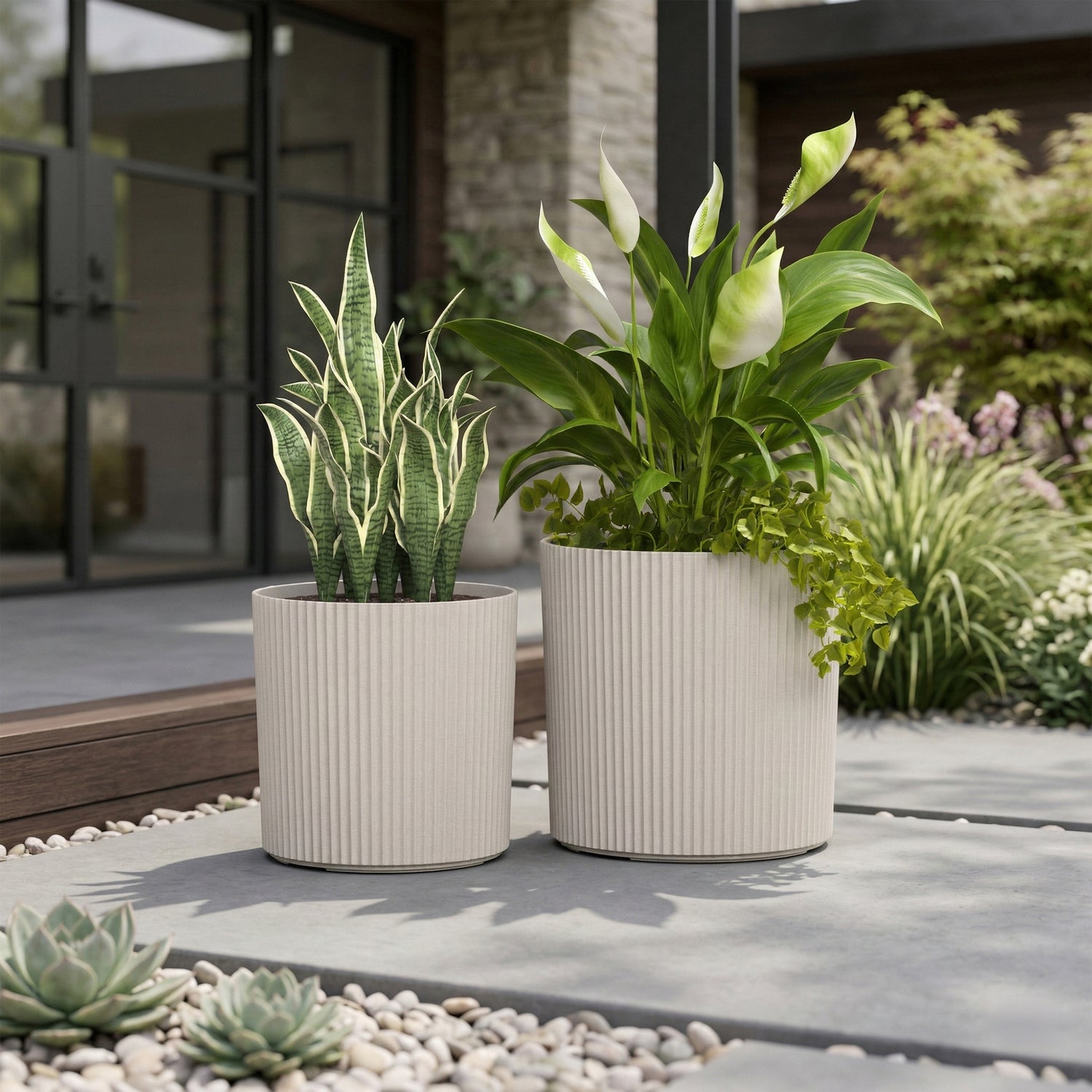 Mayne Serene Round Ribbed Planter with Drainage Hole Chai 12in/14in