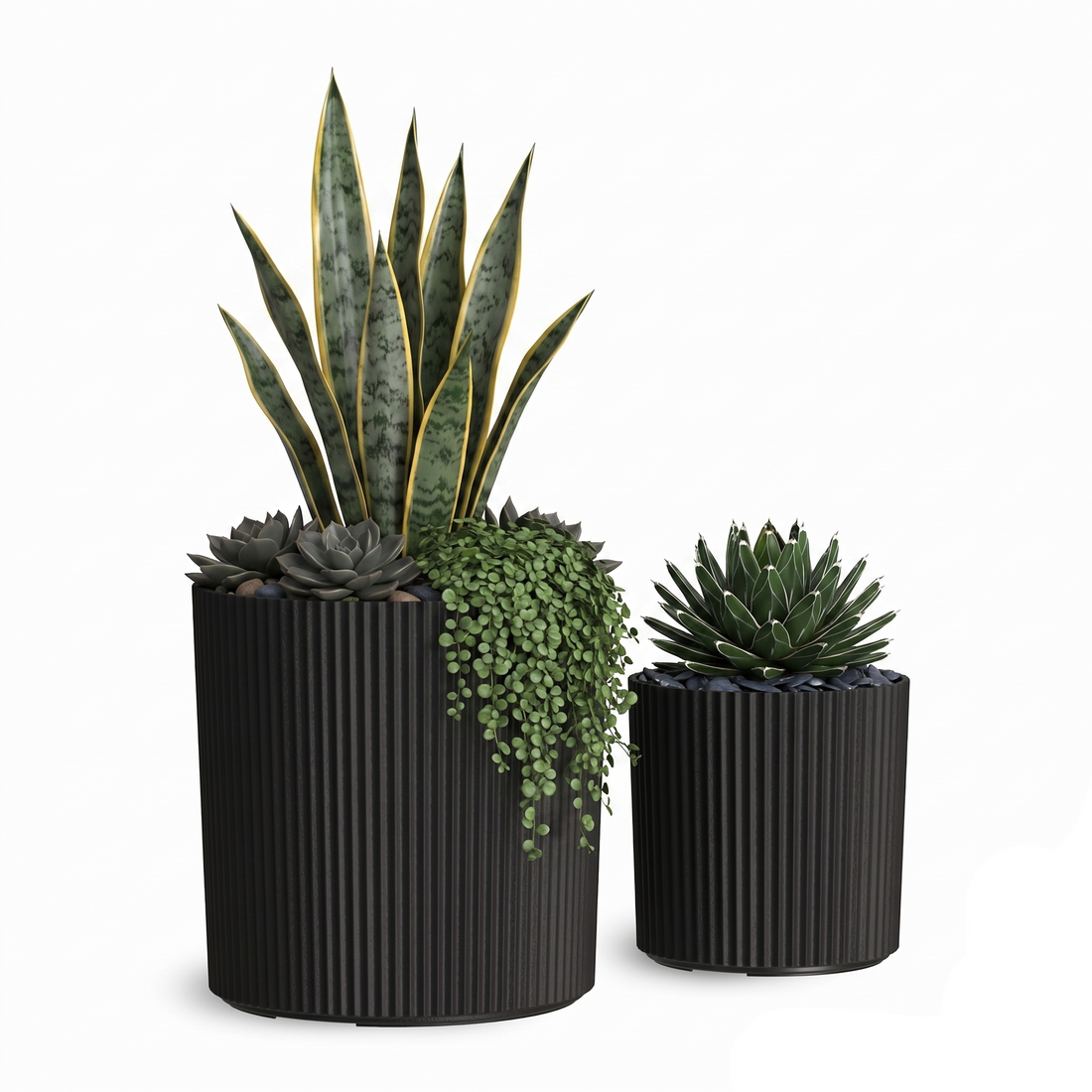 Mayne Serene Round Ribbed Planter with Drainage Hole Black 10in/14in