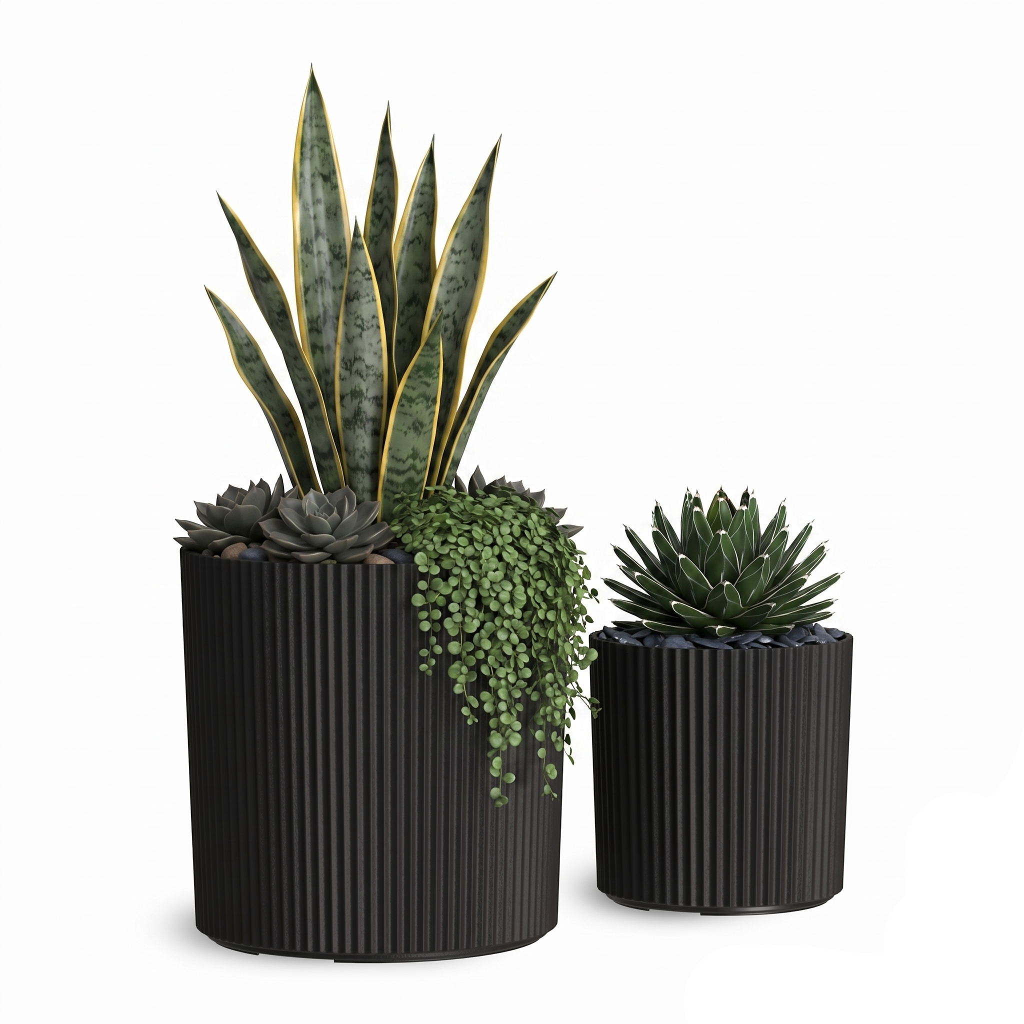 Mayne Serene Round Ribbed Planter with Drainage Hole Black 10in/14in
